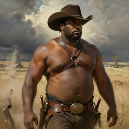 a beautiful dramatic epic painting of a thicc chunky shirtless handsome!! black man | he is wearing a leather harness and cowboy hat | prairie setting, dust clouds | homoerotic, highly detailed, dramatic lighting | by Mark Maggiori, by William Herbert Dunton, by Charles Marion Russell | trending on artstation