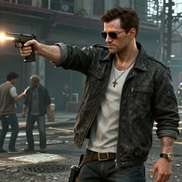 extremely cool looking quentin tarantino in the game'gta v '. he shoots at civilians. highly detailed.