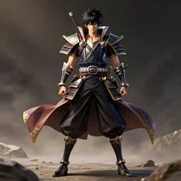 samurai warrior guy in the style of Kill la Kill(2013),Gurren Lagann,SSSS.GRIDMAN,full length, exquisite detail, post-processing, masterpiece, volumetric lighting, high details, 8k resolution, beautiful detailed,