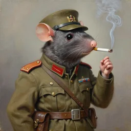 oil painting of an anthropomorphic rat in military uniform, smoking cigarette, amazing detail,