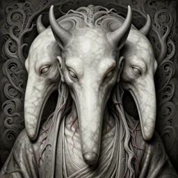 a human with dog head, naraka buddhist demon korean, tubular creature, blood vesels, dystopian surrealism, artstyle alex ries zdzisław beksinski, symmetry accurate features, very intricate details, high resolution, symmetrical long head, smooth marble surfaces, detailed ink illustration, cinematic smooth stone, deep aesthetic, concept art, carved marble texture silk cloth, latex skin, highly ornate intricate details, lawrence alma - tadena