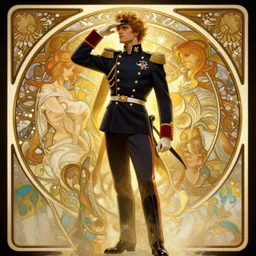 deco art by artgerm and greg rutkowski and alphonse mucha. clear portrait of a lonely attractive men in uniform!! hyper detailed, character concept, full body!! dynamic pose, glowing lights!! intricate, elegant, highly detailed, digital painting, artstation, concept art, smooth, sharp focus, illustration