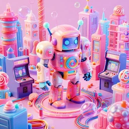 crowded city made of arcade machines and buildings made of candy, cute elaborate epic robot, candy colors, pinball machine parts, symmetrical, bubbles everywhere, video game consoles, colored wires, translucent, clear parts, detailed by pokedstudio, rendered in blender, 3 d models