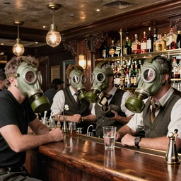 an insanely high - quality photo of a bar, all the people are wearing gas masks, by william eggleston, insanely intricate - details, photography, insanely detailed, insanely beautiful, real, insanely fine - details, extremely precise, elegant, award winning photo