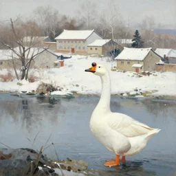 a big mean goose, chinese village, river ， trees ， school ， snow and winter oil painting. by wenjun lin ， tony sandoval
