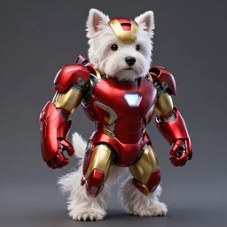 “a strong, and muscular anthropomorphic west-highland-white-terrier wearing iron man armor withou helmet, helmet off, full body photo, UHD, hyperrealistic render, 4k, cyberpunk”