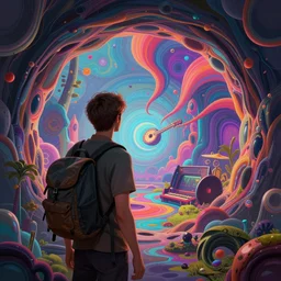 A man wearing a backpack, looking through a portal, a vibrant world through the portal, bass music, Detailed digital matte painting in the style of simon stalenhag, artstation, psychedelic