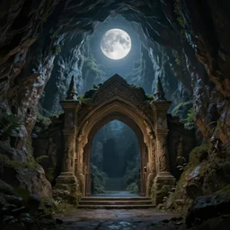 beautiful matte painting entrance to the fantastic fantasy cave, moonlight