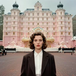 3 d cinematic portrait of a 1 9 8 0 s symmetrical, pretty woman with fine facial features, standing in a complex street by edward hopper, jeffrey smart, grand budapest hotel, ornate theatre art, high resolution