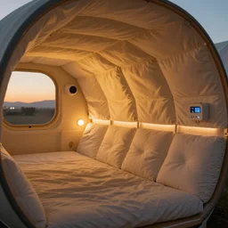 inside cozy luxurious curved sleep-pod with wall to wall padding and sound system, warm ambient lighting, XF IQ4, 150MP, 50mm, F1.4, ISO 200, 1/160s, dawn
