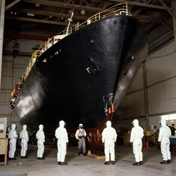 flarge black triangle ship inside a hanger, old photo, vintage photo, grainy, realistic, real photo, men in hazmat suits standing around
