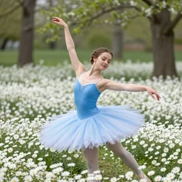 Young woman in early spring, Swan Lake dances in a field of snow-white daisies in a blue dress, perfect eyes, perfect hair, perfect face, beautiful, realistic, photo, photorealistic, perfect, 35mm photo, Kodak 35mm, HDR, 4K, 8K resolution, hight