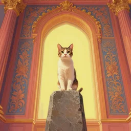 low angle shot of a cat standing on a monolith by Martine Johana and Casey Weldon, wes anderson rich colors, intricate, elegant, highly detailed, centered, digital painting, artstation, concept art, smooth, sharp focus, illustration