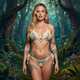 margot robbie portrait with a tattooed body posing in a magical crochet bikini in a magical forest, beautiful eyes, realistic face, full body, fantasy art, by leonardo da vinci, illustration, epic, fantasy, intricate, hyper detailed, artstation, concept art, smooth, sharp focus, ray tracing, vibrant