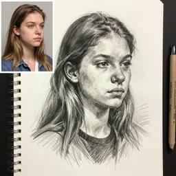 a beautiful portrait pencil sketch from a picture, of a young French nubile with stoic attitude by Alina Ivanchenki and Rob Ross, trending on artstation.
