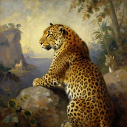 the leopard king wearing a tunic overseeing his kingdom from afar, oil painting, gustave loiseau, soft edges, medium saturation high contrast