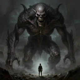 giant revenant looms over a tiny human, high fantasy, horror, dnd, highly detailed, smooth, sharp focus, chiaroscuro, digital painting, artgerm and greg rutkowski and alphonse mucha
