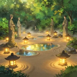 zen garden lantern lit pools banzai statues sand pit vivid exuberant immaculate digital painting golden hour light mist refractive lighting lush greenery by makoto shinkai takashi takeuchi yoshiyuki sadamoto