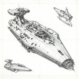 intricately detailed blueprint of a cruiser class spaceship by Jen Bartel and Dan Mumford and Satoshi Kon