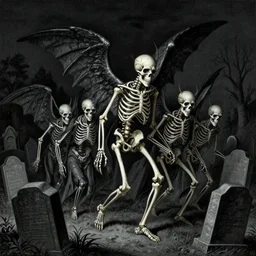 winged satanic skeleton gang emerge from the cemetery on a dark night by zdzisław beksinski and gustave dore and alphonse mucha