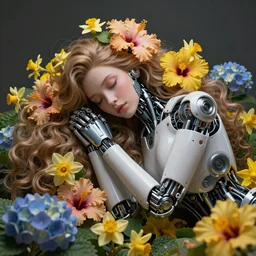 a beautiful fine art RPG portrait photo of a sleeping robot female cyborg, spread out wavy hair covered by hibiscus, daffodils, hydrangea, montsera leaves by tom bagshaw, soft studio lighting, soft vignette, 50mm lens, very detailed, bionic, cybernetic scifi, deep depth of field, artstation, 4K