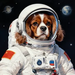 cavalier king charles spaniel, soviet, wearing a russian cosmonaut helmet, russian cosmonaut, in space, art by artgerm and david a hardy