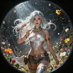 An epic fantastic realism comic book style portrait painting of the most beautiful woman in the universe, flowers rain everywhere, fisheye lens, Apex Legends Concept Art, porcelain, unreal 5, DAZ, hyperrealistic, octane render, cosplay, RPG portrait, dynamic lighting