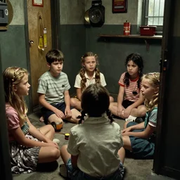 1 9 7 0 s horror b - movie still frame, possessed kids in a backroom