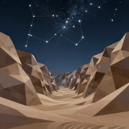 polygonal desert ravine with a beautiful nighy sky of constellation stars, light dust, magnificent, close up, details, sharp focus, elegant, highly detailed, illustration, by Jordan Grimmer and greg rutkowski and PiNe(パイネ) and 薯子Imoko and 香川悠作 and wlop and maya takamura, intricate, beautiful, Trending artstation, pixiv, digital Art