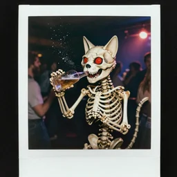 A humanoid cat skeleton with red eyes is partying while drunk, photorealistic, polaroid