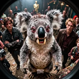 movie frame still from live action completely shaved crazy koala vampire with long and sharp fangs, 8 k, vhs effect, ultra wide angle, zenith view, greg rutkowski, kim jung gi, ilm, oscar winning photography, grain, dramatic lighting, greg nicotero, straight to vhs, troma, horrifying movie, horror movie, sharp focus, ultra lens
