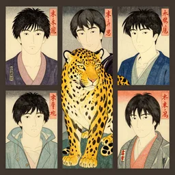 a portrait a leopard by shin hanga and kawanabe kyosai and katsuhiro otomo. ukiyo - e shohei otomo and satoshi kon, and greg rutkowski weta studio and lucasfilm, woodblock print, coherent, behance, global illumination, golden ratio, flat colors, thick black outlined,