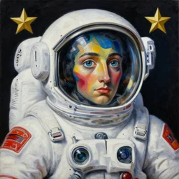 Intricate five star Lunar Cosmonaut portrait by Pablo Picasso, oil on canvas, HDR, high detail, Photo realistic, hyperrealism,matte finish, high contrast, 3d depth, masterpiece, vivid and vibrant colors, enhanced light effect, enhanced eye detail,artstationhd