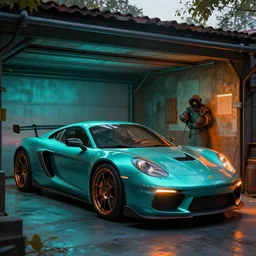 wolfenstein, supercars in garage, teal glow, orange glow, atmospheric lighting, painted, intricate, volumetric lighting, beautiful, daytime, sunny weather, slight overcast, sharp focus, deep colours, ultra detailed, by leesha hannigan, ross tran, thierry doizon, kai carpenter, ignacio fernandez rios