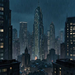 night rain in a cyberpunk city, metropolis, fantasy, very detailed, calm lighting, art deco, by greg rutkowski, jeremy mann, thomas kinkade