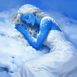 character concept portrait, blue - skin sleeping blonde woman in a white gown, closed eyes, covered in snow, frost, and ice, style digital painting, vivid blue, concept art, smooth, sharp focus, vivid blue light, illustration by ruan jia and mandy jurgens and william - adolphe bouguereau, artgerm
