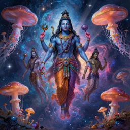 portrait of shiva and vishnu, extremely beautiful floating and merging among many nebula stars with lots of gigantic mushrooms and jellyfish, symmetrical composition, by gediminas pranckevicius, rafal olbinski, rob gonsalves, peter gric, digital painting, octane rendered, crepuscular rays, neon colors vibrant colors, trending on artstation