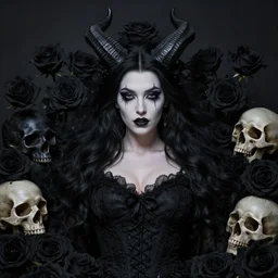 dressed dark sorceress surrounded by black roses horns and skulls, cushart krenz, very detailed, realistic face, detailed face, matte, tonemapping, bbwchan, perfection, 4 k, cushart krenz