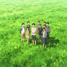 a group of people standing on top of a lush green field, concept art by okuda genso, pixiv contest winner, color field, anime aesthetic, official art, vivid colors