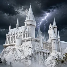 A extremely highly detailed majestic hi-res beautiful, highly detailed mysterious pure all white brick immaculate disney hogwarts castle in black scary storm clouds high detail,ethereal, dramatic lightning, rim light, hyperrealistic, photorealistic, octante render, elegant, cinematic, high textures, hyper sharp, 8k, insanely detailed and intricate, graphic design, cinematic atmosphere, hypermaximalist, hyper realistic, super detailed, 4k HDR hyper realistic high quality