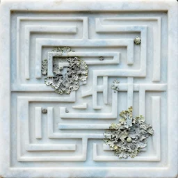 thin lines, fractals, lichen macro, serpentine twisty maze, carved soapstone relief paneling white and pale blue