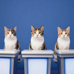 3 calico cats standing behind the contestant podiums on jeopardy as the round begins, photorealistic