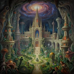 an epic elite masterpiece mysterious sci - fi matte painting of a alien palace through haunted cave dream worlds with surreal brutalist structures inspired by heironymous bosch's garden of earthly delights, surreal lush landscapes by asher durand and cyril rolando and natalie shau and thomas kinkade, intricate, elegant, subterranean galaxy