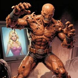 comic book art, high quality, detailed, clayface is morphing into [ a blond female model in the tv ]