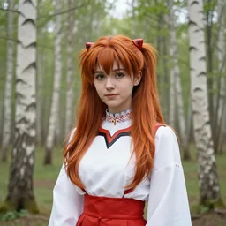 very beautiful and cute Asuka Langley (face by Ross Tran) from neon genesis evangelion as a real slavic person dressed as a slavic priestess in holy birch forest in spring, 35mm, iPhone photo, HDR, DSLR, cinematic, trending on Instagram, 8k, 4k
