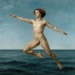 Jessica Lange levitating over the sea. El Greco, Remedios Varo, Salvador Dali, Carl Gustav Carus, John Atkinson Grimshaw. Blue tint. Symetrical, logo, geometric shapes.