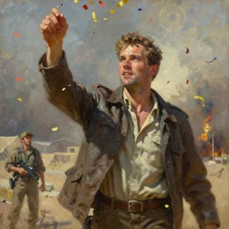 portrait of rip taylor throwing confetti during desert storm war, an oil painting by ross tran and thomas kincade