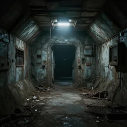 Inside of a derelict and abandoned futuristic bunker. A single light enlighten the scene.