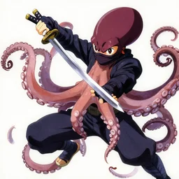 key anime visuals of an octopus ninja, fighting with a katana sword in his tentacle. highly detailed, intricate, directed by makoto shinkai, anime manga style, trending on art station.