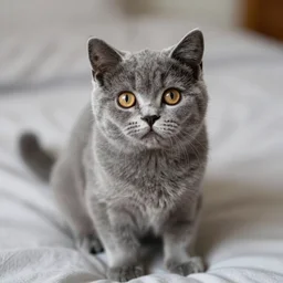 a tiny cute gray cat with golden colored eyes sitting on a bed, looking up at the camera, with big sad eyes, photograph